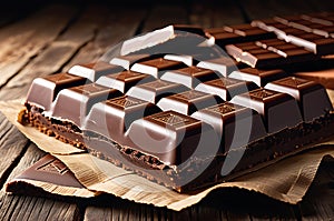 Indulgent Temptation: Partially Unwrapped Dark Chocolate Bar on Antique Wooden Table