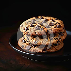 Indulgent treat Scrumptious chocolate chip cookies against dark backdrop