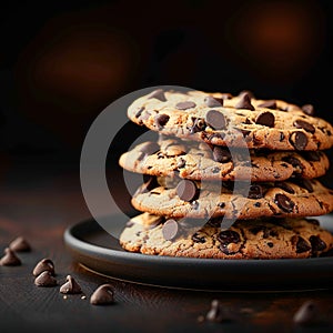 Indulgent treat Scrumptious chocolate chip cookies against dark backdrop