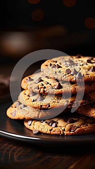 Indulgent treat Scrumptious chocolate chip cookies against dark backdrop