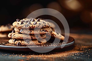 Indulgent treat Scrumptious chocolate chip cookies against dark backdrop