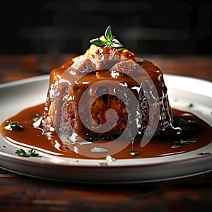 Indulgent treat Sticky toffee pudding on a dark background with text space