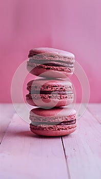 Indulgent trio of chocolate macaroons set against soft pink backdrop