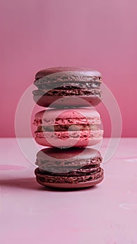 Indulgent trio of chocolate macaroons set against soft pink backdrop