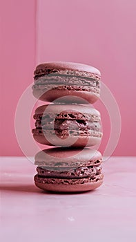 Indulgent trio of chocolate macaroons set against soft pink backdrop