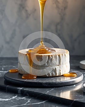 Indulgent truffle honey drizzle on gourmet cheese wheel elegant marble setting luxurious culinary delight photo