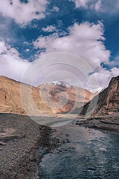 Indus Flow: Majestic Serenity of Ladakh\'s Barren Valley with Snowcapped Peaks and Tranquil Waters