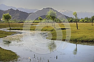 Indus river flowing through plains in Ladakh, India,