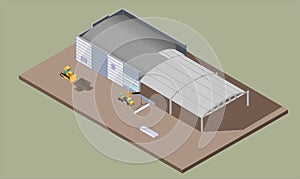 Indusrial warehouse building process. Isometric illustration of house construction.