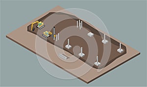 Indusrial warehouse building process. Isometric illustration of house construction.