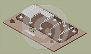 Indusrial warehouse building process. Isometric illustration of house construction.