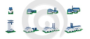 Industrial 3d buildings isometric icons set with plants and fact