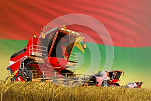 Industrial 3D illustration of agricultural combine harvester working on grain field with Burkina Faso flag background, food