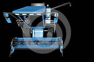 Industrial 3D illustration of big beautiful blue farm agricultural combine harvester with harvest pipe detached front top view