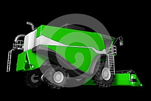 Industrial 3D illustration of big beautiful green wheat harvester rear view isolated on black