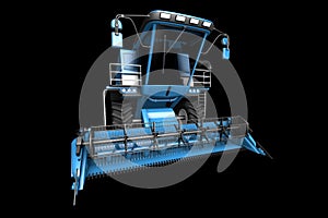 Industrial 3D illustration of big cg blue rye agricultural combine harvester with harvest pipe detached front view isolated on