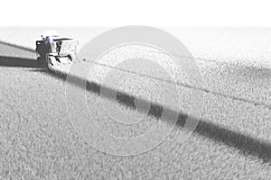 Industrial 3D illustration of big grain agricultural harvester working on field rendered in white color for using in design