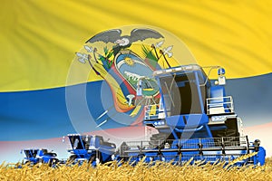 industrial 3D illustration of blue farm agricultural combine harvester on field with Ecuador flag background, food industry
