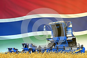 Industrial 3D illustration of blue farm agricultural combine harvester on field with Gambia flag background, food industry concept