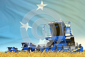 Industrial 3D illustration of blue farm agricultural combine harvester on field with Micronesia flag background, food industry