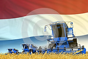 Industrial 3D illustration of blue farm agricultural combine harvester on field with Netherlands flag background, food industry