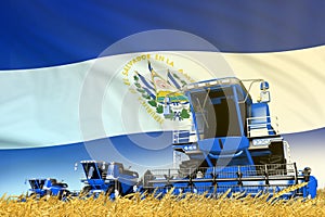 industrial 3D illustration of blue grain agricultural combine harvester on field with El Salvador flag background, food industry