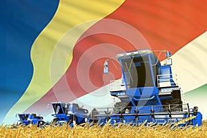 industrial 3D illustration of blue grain agricultural combine harvester on field with Seychelles flag background, food industry