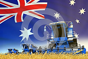 Industrial 3D illustration of blue rural agricultural combine harvester on field with Australia flag background, food industry