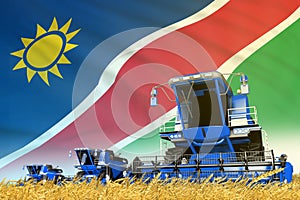 Industrial 3D illustration of blue rural agricultural combine harvester on field with Namibia flag background, food industry