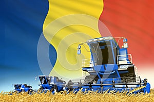 Industrial 3D illustration of blue rural agricultural combine harvester on field with Romania flag background, food industry