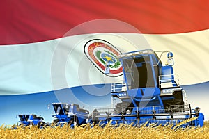 industrial 3D illustration of blue rye agricultural combine harvester on field with Paraguay flag background, food industry