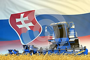 Industrial 3D illustration of blue rye agricultural combine harvester on field with Slovakia flag background, food industry