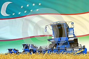 industrial 3D illustration of blue rye agricultural combine harvester on field with Uzbekistan flag background  food industry