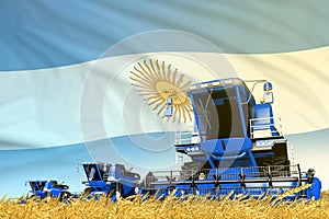 industrial 3D illustration of blue wheat agricultural combine harvester on field with Argentina flag background, food industry