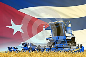 industrial 3D illustration of blue wheat agricultural combine harvester on field with Cuba flag background, food industry concept