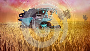 Industrial 3D illustration with digital overlays of self driving combine harvester working on the agriculture field