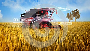 Industrial 3D illustration with digital overlays of unmanned combine harvester working on the farmland field