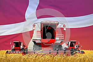 Industrial 3D illustration of four bright red combine harvesters on rye field with flag background, Denmark agriculture concept