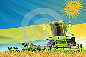 Industrial 3D illustration of green farm agricultural combine harvester on field with Rwanda flag background, food industry