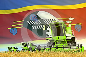 Industrial 3D illustration of green farm agricultural combine harvester on field with Swaziland flag background, food industry