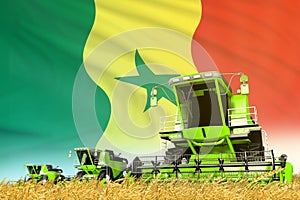 industrial 3D illustration of green grain agricultural combine harvester on field with Senegal flag background, food industry