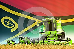 Industrial 3D illustration of green rural agricultural combine harvester on field with Vanuatu flag background, food industry