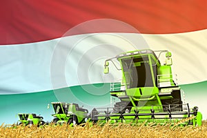 Industrial 3D illustration of green rye agricultural combine harvester on field with Hungary flag background, food industry