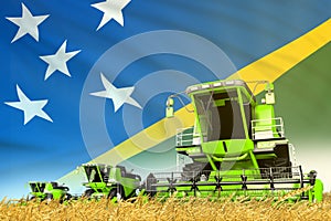 Industrial 3D illustration of green rye agricultural combine harvester on field with Solomon Islands flag background, food