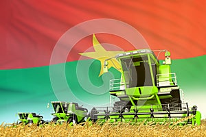 industrial 3D illustration of green wheat agricultural combine harvester on field with Burkina Faso flag background, food industry
