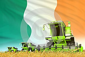 industrial 3D illustration of green wheat agricultural combine harvester on field with Ireland flag background, food industry