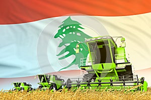 industrial 3D illustration of green wheat agricultural combine harvester on field with Lebanon flag background, food industry