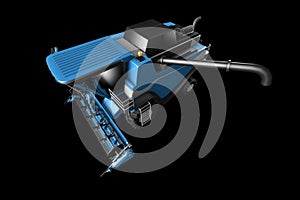 Industrial 3D illustration of huge beautiful blue rye agricultural harvester with harvest pipe detached side top view isolated on