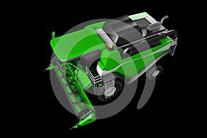 Industrial 3D illustration of huge beautiful green farm agricultural combine harvester top view isolated on black