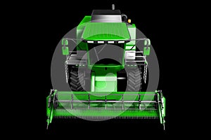 Industrial 3D illustration of huge cg green rye agricultural combine harvester top view isolated on black